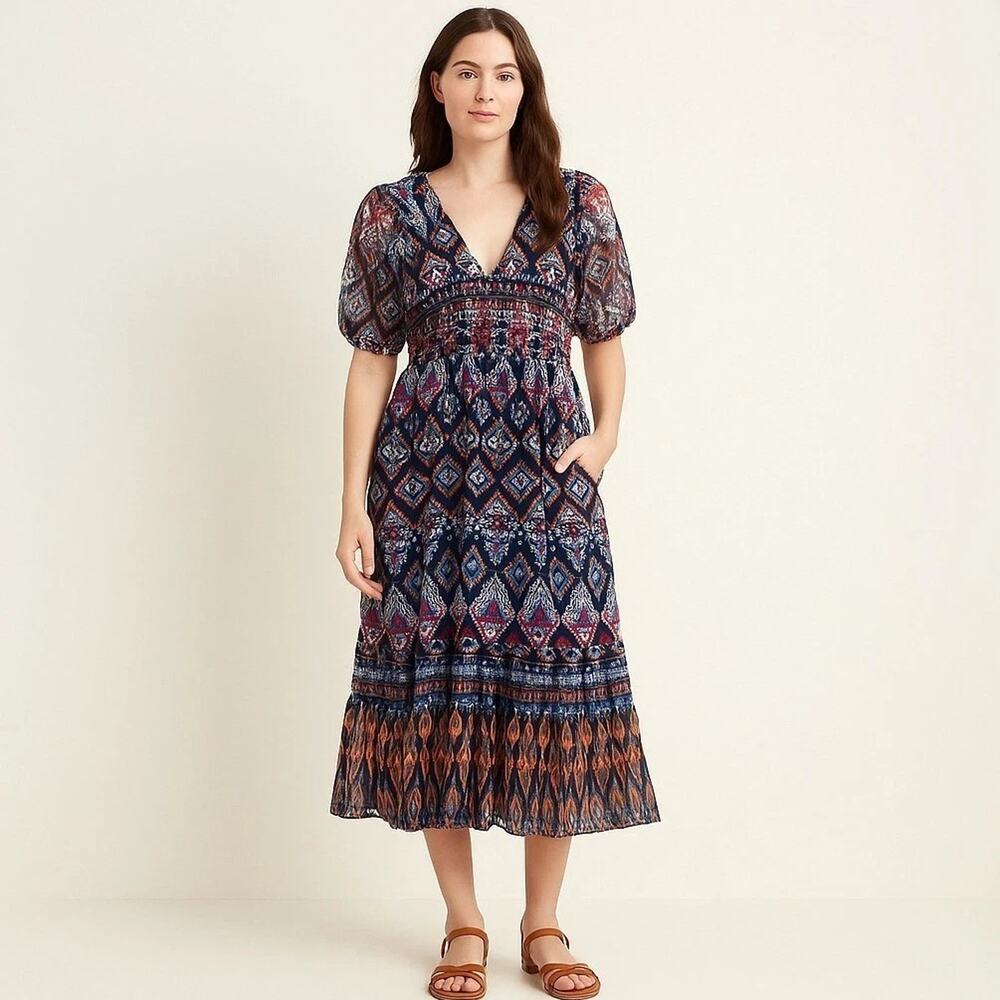 Old Navy Womens Dress Size L Tiered Aztec Smocked Waist Midi Aztec Peasant Boho